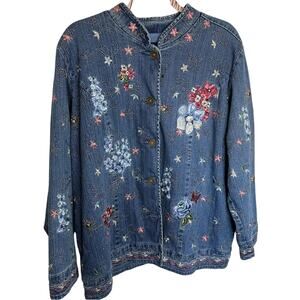 Denim & Co. Jacket Womens Size 1x Floral Embroidery Lined Coat Jean 90’s VTG